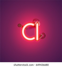 Red neon character from a font set on a purple background, vector illustration