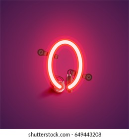 Red neon character from a font set on purple background, vector illustration