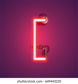 Red neon character from a font set on purple background, vector illustration