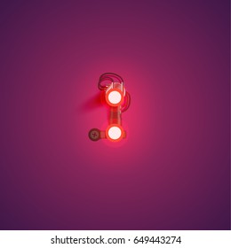 Red neon character from a font set on purple background, vector illustration