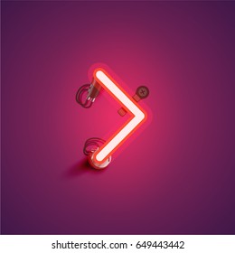 Red neon character from a font set on purple background, vector illustration