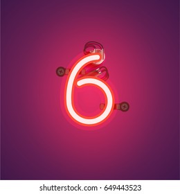 Red neon character from a font set on purple background, vector illustration