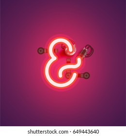 Red neon character from a font set on purple background, vector illustration