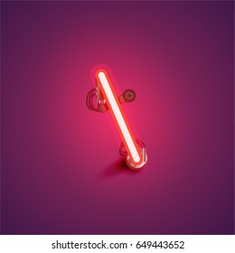 Red neon character from a font set on purple background, vector illustration