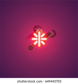 Red neon character from a font set on purple background, vector illustration