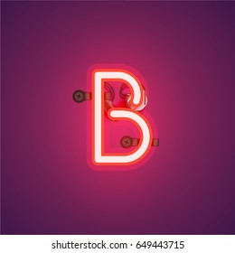 Red neon character from a font set on purple background, vector illustration