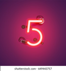 Red neon character from a font set on purple background, vector illustration