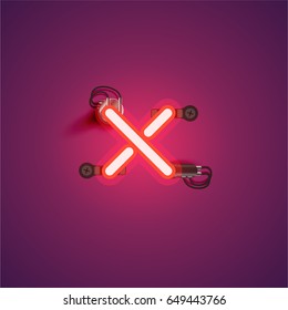 Red neon character from a font set on purple background, vector illustration