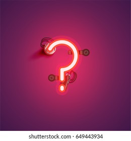 Red neon character from a font set on purple background, vector illustration