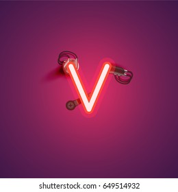 Red neon character from a font set on purple background, vector illustration