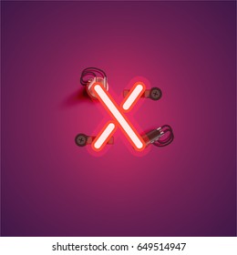 Red neon character from a font set on purple background, vector illustration