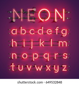 Red Neon Character Font Set On Purple Background, Vector Illustration