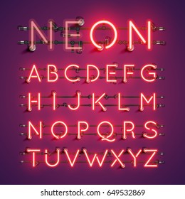 Red neon character font set on purple background, vector illustration