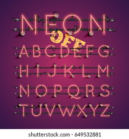 Red neon character font set on purple background, vector illustration