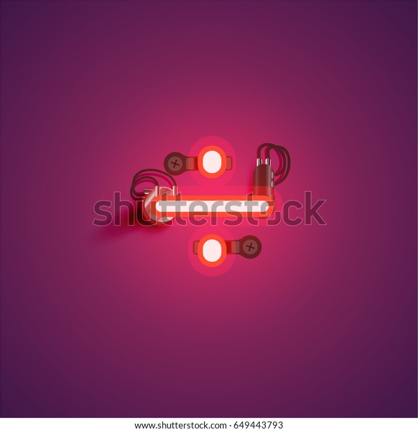 Red neon character from a font set on purple\
background, vector\
illustration