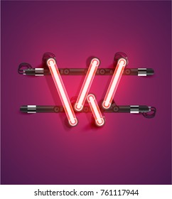Red neon character on purple background, vector illustration