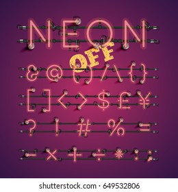 Red neon character set on purple background, vector illustration