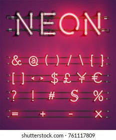 Red neon character set on purple background, vector illustration