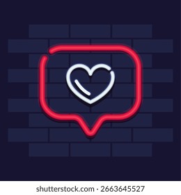 Red neon chat bubble with white heart icon glowing on a dark brick wall in bold outline. Vector illustration.