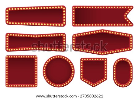 Red neon cinema frame with glow gold lights. Sign box with neon light on white background