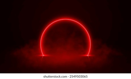 Red neon circle on dark smoky background. Template for your design. Vector illustration