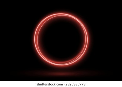 Red neon circles for swirl shiny rings light effect. Curved red line light effect. A luminous circular portal emitting a red glow appears on the road. Vector illustration.