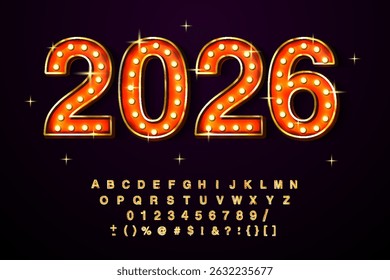 Néon vermelho colorido 2026 ano no fundo preto. Ilustração vetorial