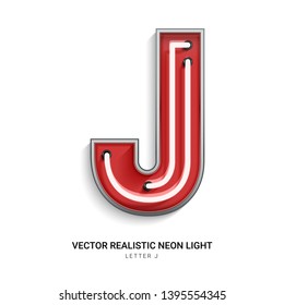 Red neon Colorful on Font J. All elements are Isolated on white background. 3d Realistic vector illustration