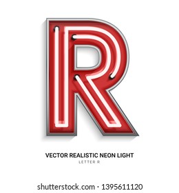 Red Neon Colorful On Font R. All Elements Are Isolated On White Background. 3d Realistic Vector Illustration