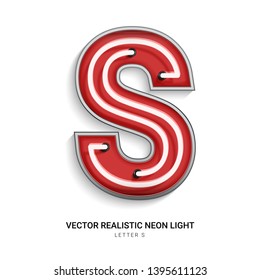 Red Neon Colorful On Font S. All Elements Are Isolated On White Background. 3d Realistic Vector Illustration