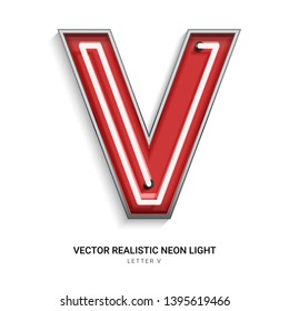 Red Neon Colorful On Font V. All Elements Are Isolated On White Background. 3d Realistic Vector Illustration