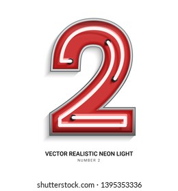 Red Neon Colorful On Number 2. All Elements Are Isolated On White Background. 3d Realistic Vector Illustration