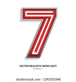 Red neon Colorful on Number 7. All elements are Isolated on white background. 3d Realistic vector illustration