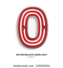 Red neon Colorful on Number 0. All elements are Isolated on white background. 3d Realistic vector illustration