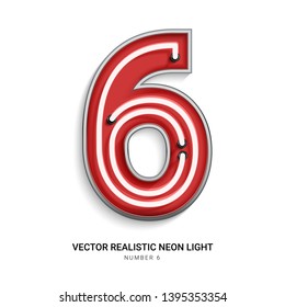 Red neon Colorful on Number 6. All elements are Isolated on white background. 3d Realistic vector illustration