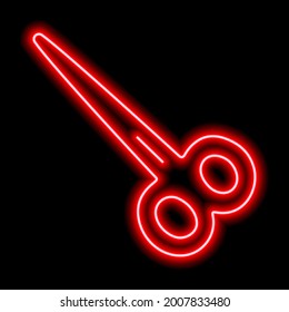 Red neon contour scissors on a black background. Vector illustration