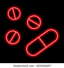 Red neon contour of three tablets and capsule on a black background. Vector illustration