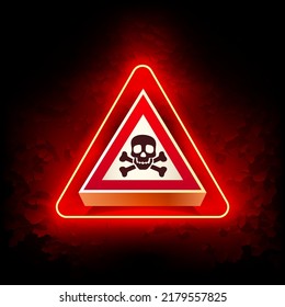 Red Neon Danger Sign with Skull and Bones on Grunge Background. Attention Label Glow On The Wall.