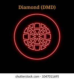 Red neon Diamond (DMD) cryptocurrency symbol. Vector illustration eps10 isolated on black background