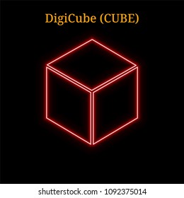 Red neon DigiCube (CUBE) cryptocurrency symbol. Vector illustration eps10 isolated on black background