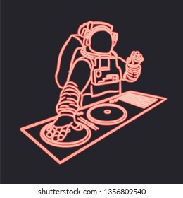 Red neon Dj astronaut vector line illustration