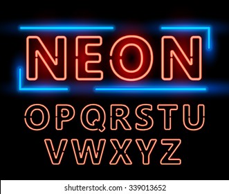 Red Neon Double Stroke Alphabet Set for Signs. Realistic vector font set second half