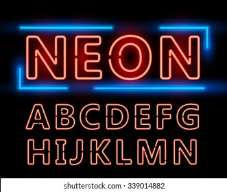 Red Neon Double Stroke Alphabet Set for Signs. Realistic vector font set first half