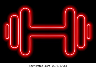 Red neon dumbbell outline on black background. Sports equipment, weightlifting. Vector illustration