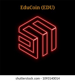 Red neon EduCoin (EDU) cryptocurrency symbol. Vector illustration eps10 isolated on black background
