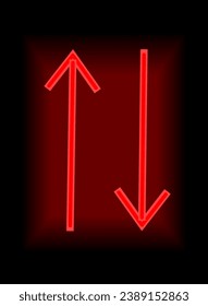 Elemento de neón rojo al estilo de las caricaturas. Esta imagen con elementos de neón rojo muestra un símbolo de flechas paralelas vibrantes contra un fondo negro dramático. Ilustración vectorial.