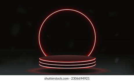 Red neon empty podium with a neon round arch on a dark background.