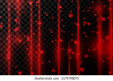 Red neon flash, laser vertical beams, bright light beams with glitter and dust on a transparent background. vector illustration