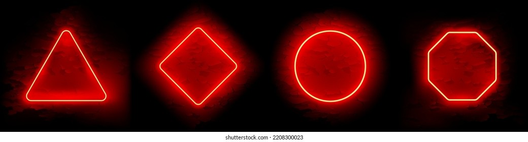 Red Neon Frames Set on Grunge Backdrop. Vector abstract background with copy space.
