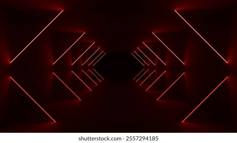 Red Neon Futuristic Black Tunnel. Abstract light tech background.